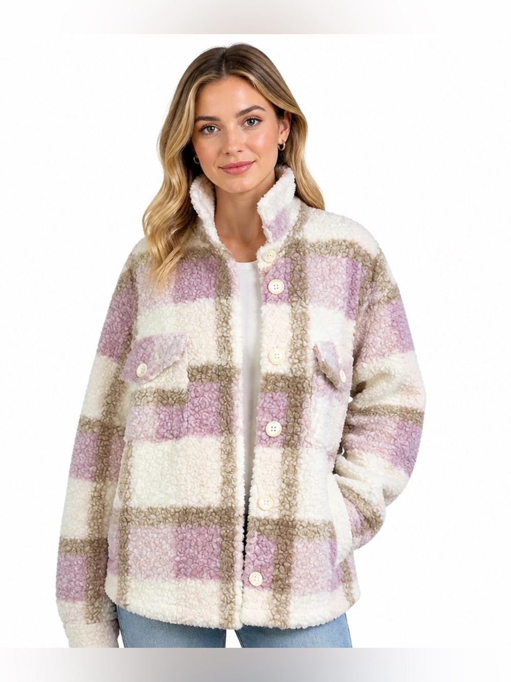 Mable Women's Sherpa Jacket Beige Pink & Brown Size M
